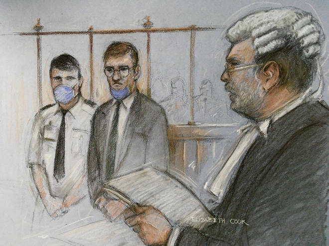 Court artist sketch by Elizabeth Cook of James Watson (centre), appearing in the dock alongside prosecutor John Price QC (right) at the Old Bailey in London, charged with the murder of six-year-old Rikki Neave.