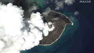 Overhead view of the Tonga volcano