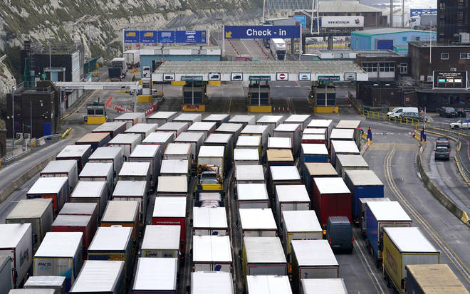 Lorry queues at the entrance to the Port of Dover in Kent, caused by the natural increase of traffic following on from the Christmas/New Year break and the implementation of the the Dover Tap system