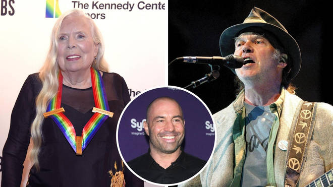 Joni Mitchell (left) has joined Neil Young (right) in demanding Spotify remove her music amid the ongoing controversy surrounding the streaming service's promotion of Joe Rogan 's anti-vaccine views in his podcast.