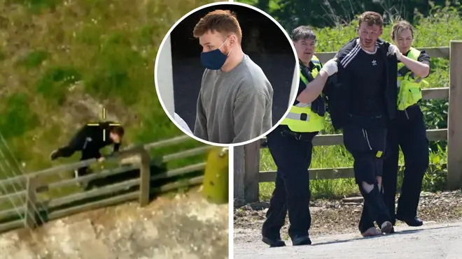 Aerial footage shows the moment the double murderer was caught by police after a manhunt