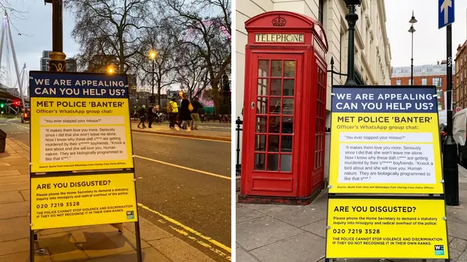 Signs calling for an overhaul of the Met Police have been put up in Charing Cross