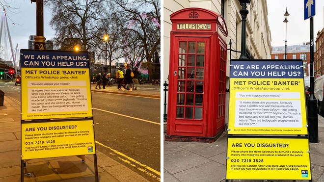 Signs calling for an overhaul of the Met Police have been put up in Charing Cross