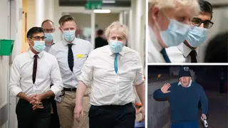 Boris Johnson (right) and Chancellor of the Exchequer Rishi Sunak (left) during a visit to the Kent Oncology Centre at Maidstone Hospital today