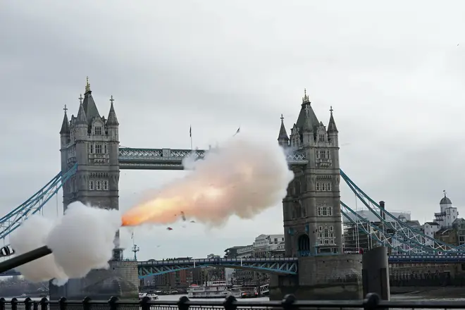 Members of the Honourable Artillery Company fire a gun salute from the wharf at the Tower of London to mark the official start of the Platinum Jubilee.