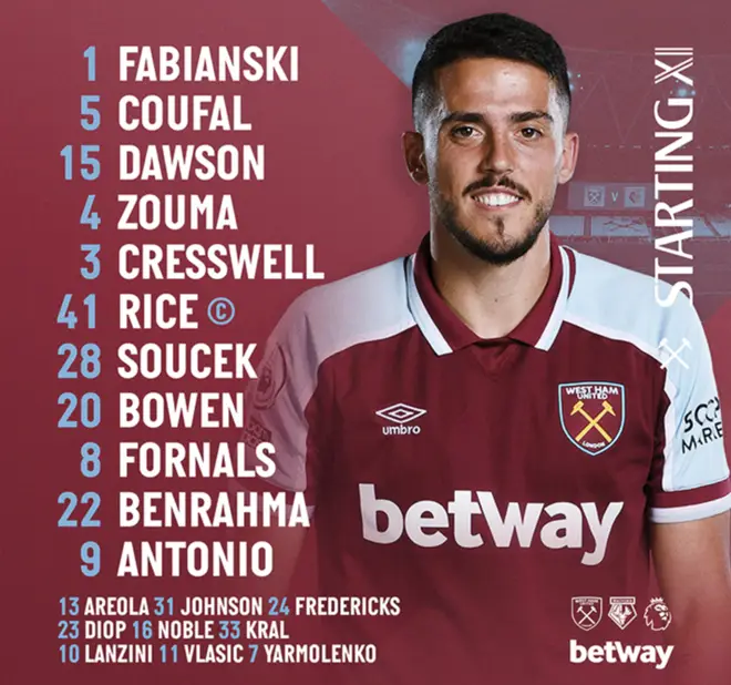 Zouma is confirmed to be in West Ham's starting line-up for tonight's match against Watford