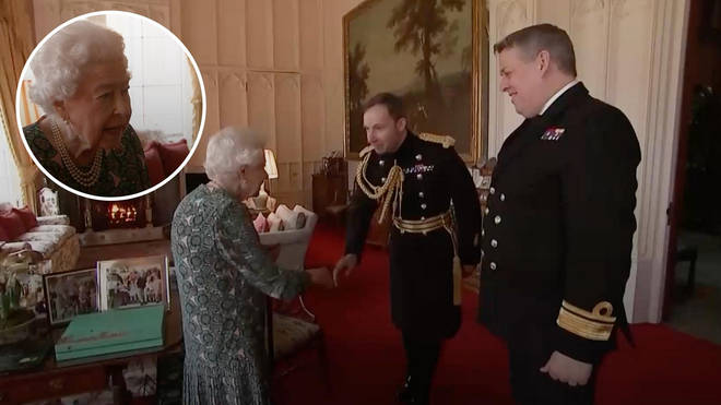 The Queen is understood to have been referring to feeling a bit stiff, pointing to her leg with her walking stick