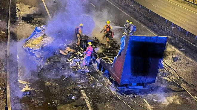An HGV hit a bridge and burst into flames on the M6.