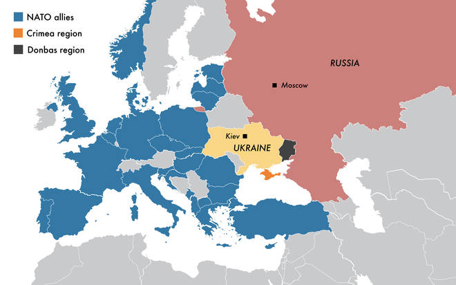 A map showing the dispute between Russia and Ukraine, the Crimea and Donbas regions and the NATO allies.