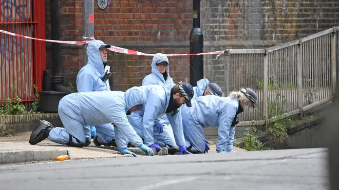 Police forensic officers searched a street in Peckham close to where Sasha Johnson was shot in the head