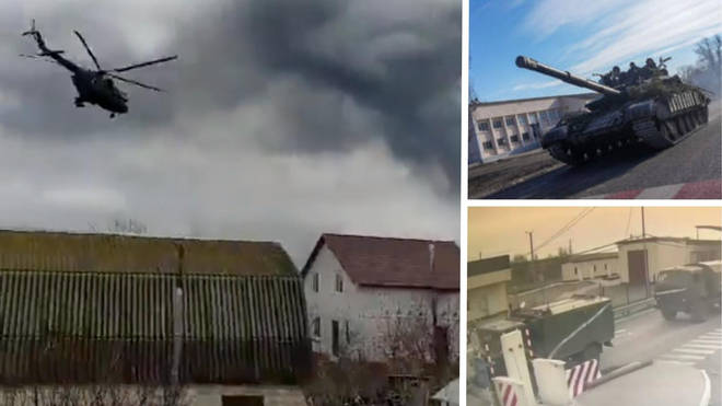 Helicopter gunships were seen over Ukraine and further clips from Ukrainian border guards show Russia invading. Top right, a Ukrainian tank rolls through Kharkiv