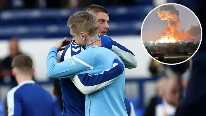 Manchester City's Oleksandr Zinchenko and Everton's Vitaliy Mykolenko, who are both from Ukraine, were seen embracing during the warm-up of the game at Goodison Park earlier today.