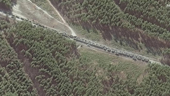 Maxar satellite imagery of the northern end of the convoy with logistics and resupply vehicles, southeast of Ivankiv, Ukraine.