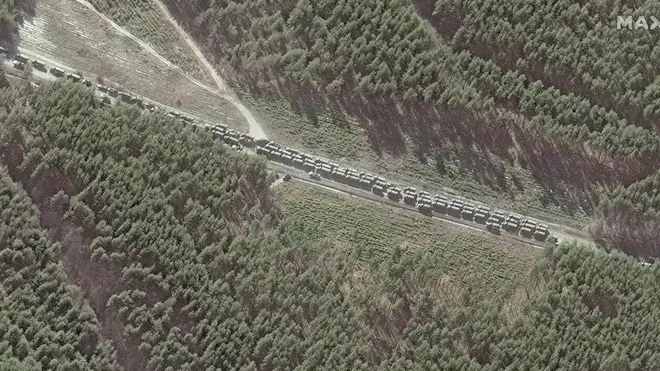 Satellite imagery of the northern end of the 40-mile convoy with logistics and resupply vehicles