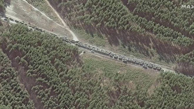 Satellite imagery of the northern end of the 40-mile convoy with logistics and resupply vehicles
