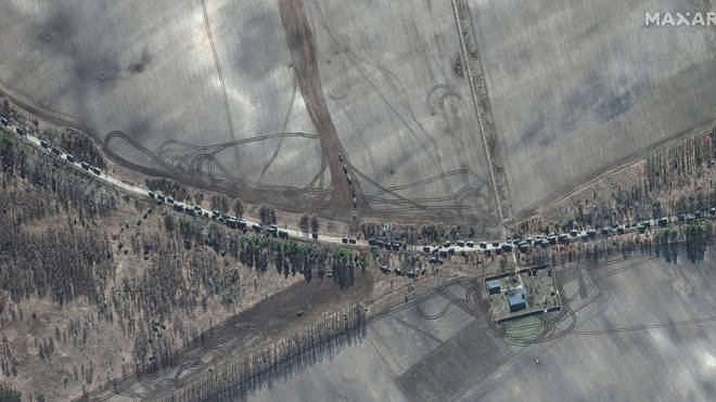 The southern end of the large military convoy on the edge of Antonov Airport.