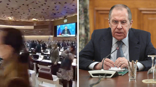Diplomats walked out (left) during Sergei Lavrov's recorded message