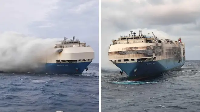 The Felicity Ace ship carrying luxury cars, is seen as it is adrift in the middle of the Atlantic Ocean after it caught fire