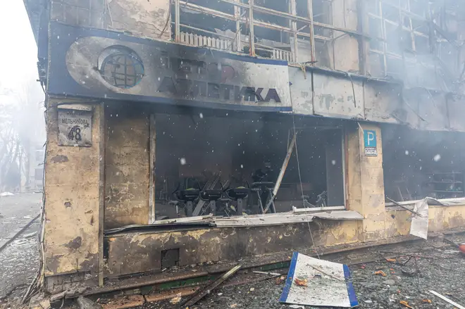 A sports club gym and sporting goods store damaged following a Russian rocket attack the city of Kyiv