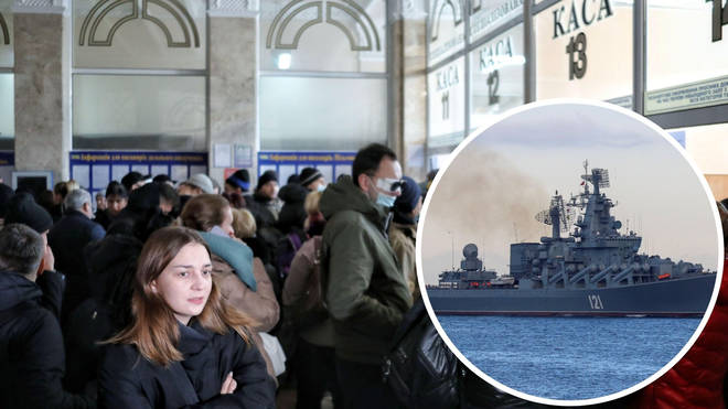People crowd into a railway station in Odesa. Inset: A Russian warship