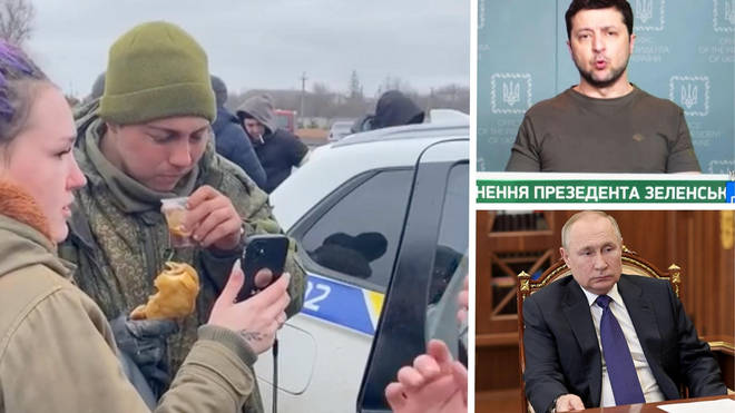 Viral footage shows a tearful Russian soldier, who has surrendered, being given tea and bread by Ukrainian people