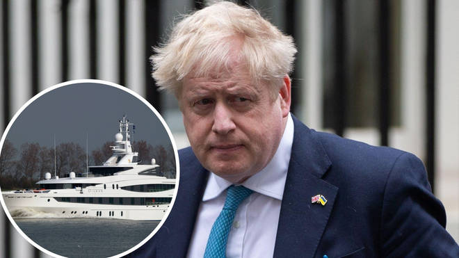 Boris Johnson is under pressure to act on oligarch's assets. Inset: The 512-ft Dilbar