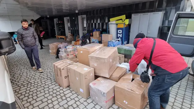 Supplies were unloaded at a warehouse in Lviv