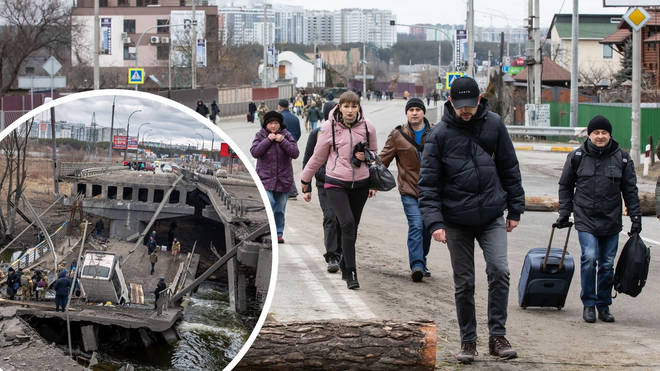 People flee Ukraine as the Russian invasion continues. Inset: A destroyed bridge in the city of Irpin