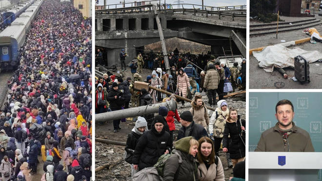 Civilians gather to try and leave from Kharkiv’s station (left). Women and children were killed as they tried to flee Irpin