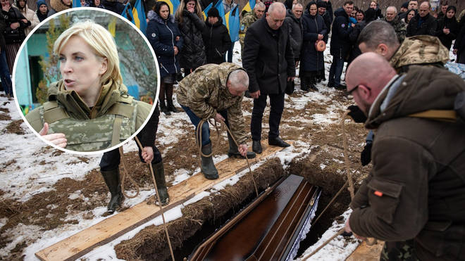 Iryna Vereshchuk, Ukraine's Deputy Prime Minister, said Russia is refusing to take home its fallen soldiers to be buried humanely. While Ukrainian soldiers (pictured) are being given traditional burial services.
