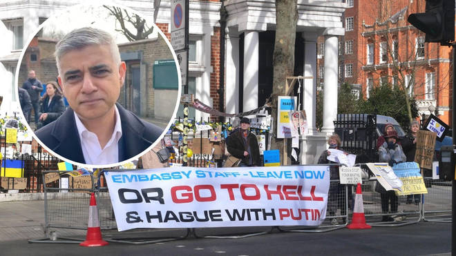 Sadiq Khan, inset, said he backs the initiative - main picture shows protesters outside the Russian embassy in London