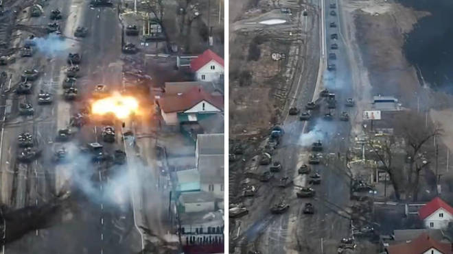 An armoured column was hit by Ukrainian forces (left) before the tanks were forced to retreat