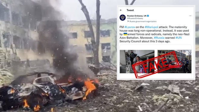 The Russian embassy to the UK has claimed a photograph of a pregnant woman injured during the maternity hospital attack is fake