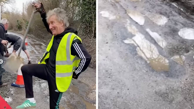Sir Rod Stewart sang songs and struck a pose as he filled in potholes near his Essex home