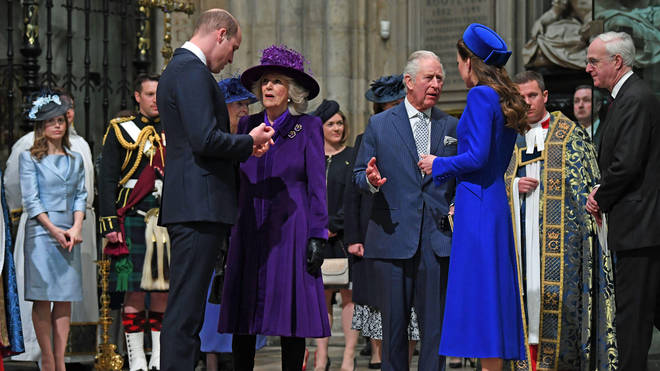 The Duke of Cambridge, the Duchess of Cornwall, the Prince of Wales and the Duchess of Cambridge arriving at the Commonwealth Service at Westminster Abbey in London on Commonwealth Day.