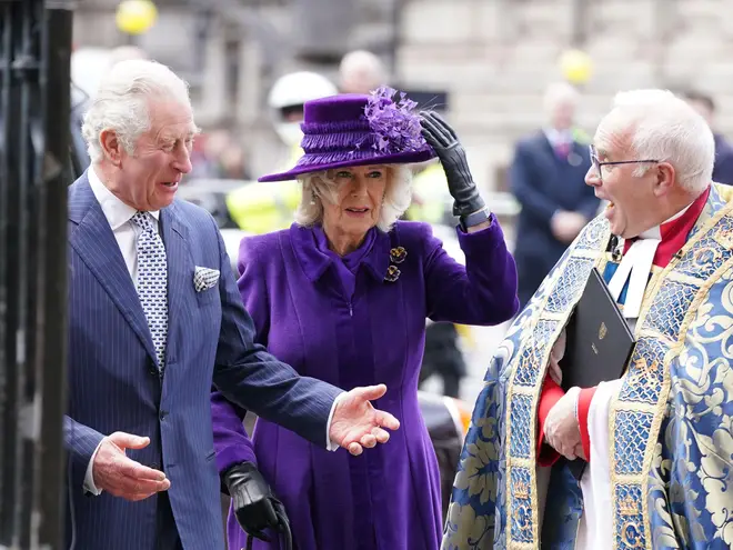 The Prince of Wales and the Duchess of Cornwall arriving at the Commonwealth Service at Westminster Abbey in London on Commonwealth Day
