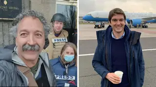 Fox News cameraman (far left) has died after his vehicle was struck in Kyiv. Fox News correspondent Benjamin Hall (right) has been injured and remains in hospital.