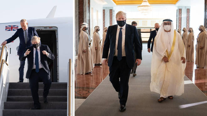 Boris Johnson arrives at Abu Dhabi airport for his visit to the United Arab Emirates