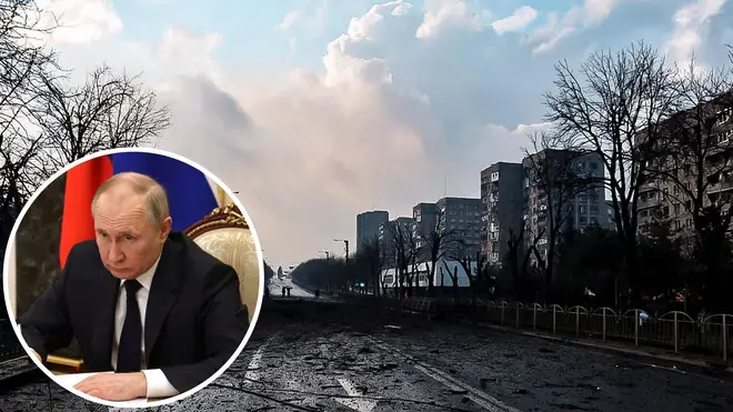 The besieged city of Mariupol. Inset: Russian president Vladimir Putin