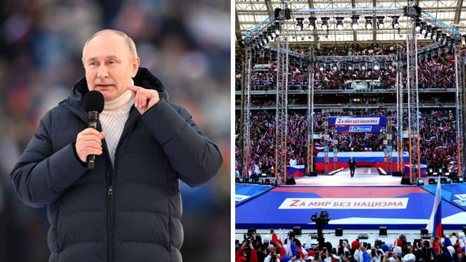 Putin delivered a speech to thousands over the Ukraine war - but TV cut away towards the end