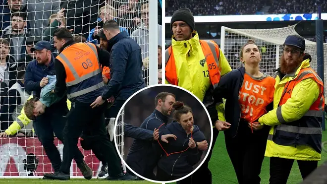 Two anti-oil protesters were removed by stewards at the Tottenham v West Ham game.