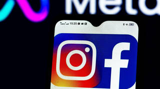 Facebook and Instagram logos displayed on a smartphone and Meta Platforms logo in the background