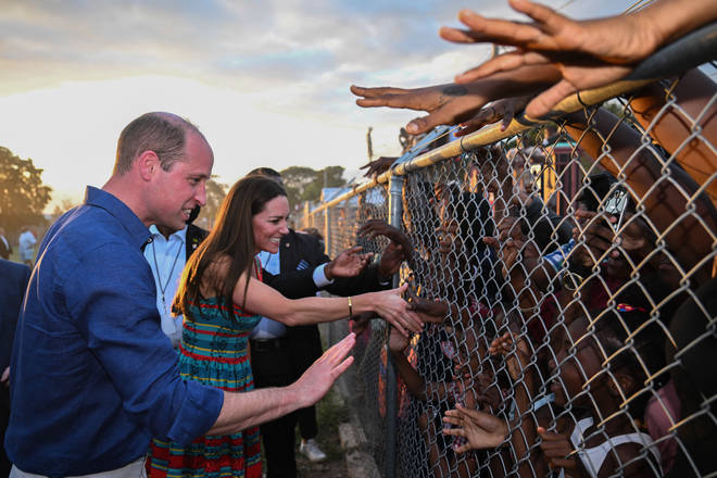 Catherine, Duchess of Cambridge and Prince William, Duke of Cambridge visit Trench Town, the birthplace of reggae music, on day four of the Platinum Jubilee Royal Tour of the Caribbean on March 22, 2022 in Kingston, Jamaica.