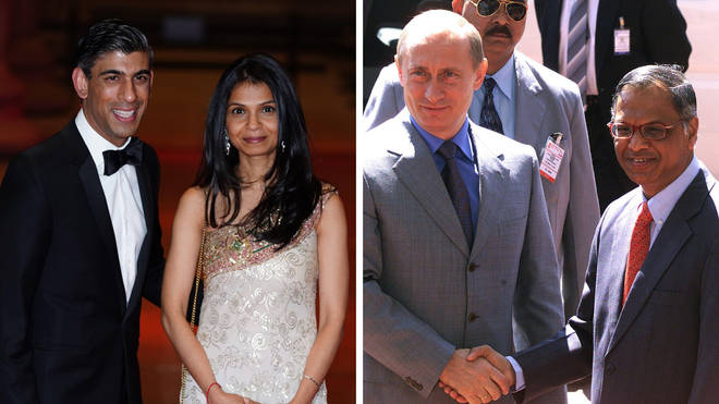 Akshata Murthy owns a stake "worth hundreds of millions" in Infosys, founded by her father (right), which is still operating in Moscow