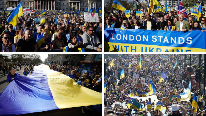 Protesters marched to Trafalgar Square to show support for Ukraine