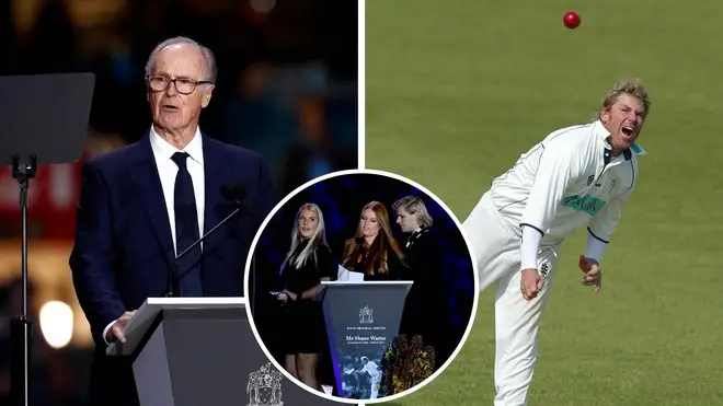 Shane Warne's father Keith (far left) and his three children Brooke Warne (L) Jackson Warne (R) and Summer Warne paid tribute to the cricketing legend at his state memorial service.