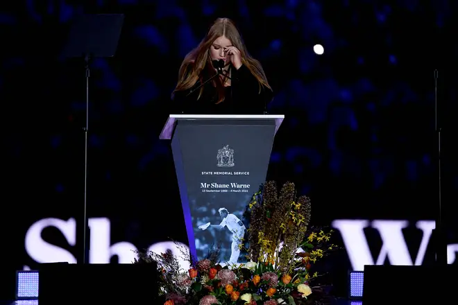 Shane Warne's daughter Summer Warne speaks during the state memorial service for the former Australian cricketer.