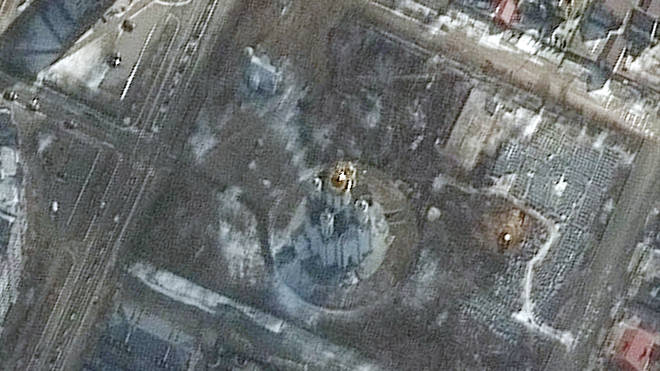 Satellite imagery gives a closer view of a probable grave site and the church of St. Andrew and Pyervozvannoho in Bucha.