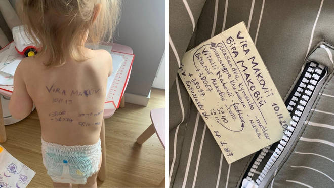 A Ukrainian mother has written contact details on her daughter's back in case her family are killed
