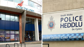 A Unite office in central London was searched after a warrant was issued by South Wales Police
